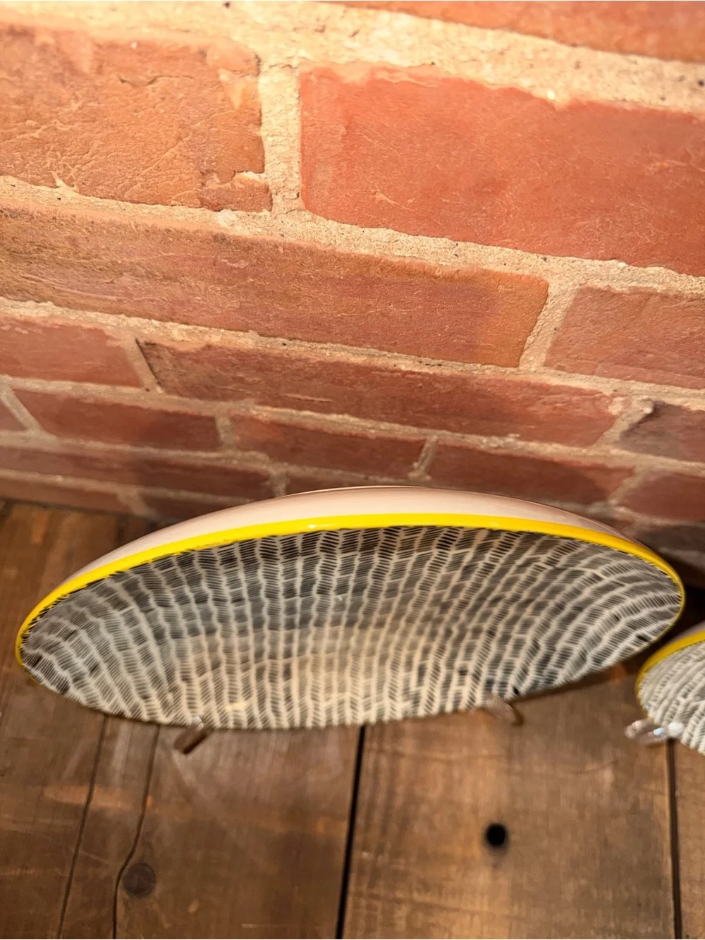 OKA Mustard Yellow Ochre Dash Herringbone Dinner Plates Teal Rim Set of 4